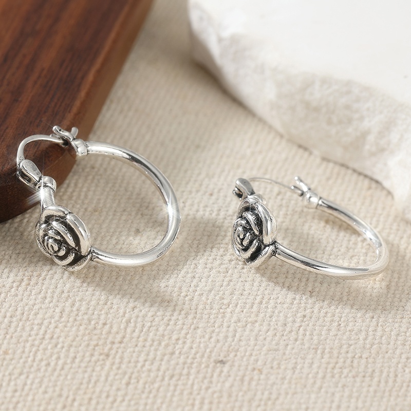 Women's Silvery 3D Rose Flower Stud Hoop Earrings, Minimalist Design